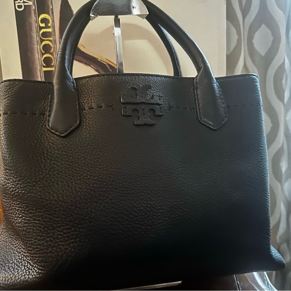Tory Burch Pebble Leather Tote Black Triple Compartment unbranded strap.